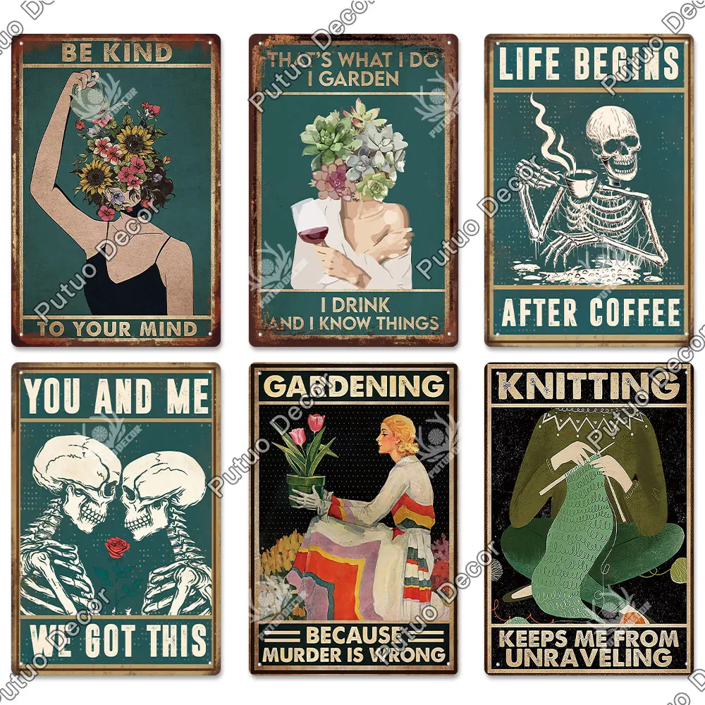 Putuo Decor Funny Cat Tin Sign Girls Flowers Vintage Plaque Metal Sign Retro Skeleton for Garden Farm Home Decoration Wall Decor