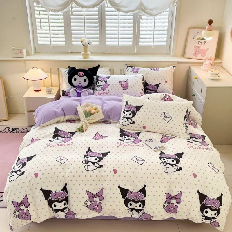 

Kuromi Cinnamoroll Kids Duvet Cover Cartoon Bed Three-Piece Set Cute Hello Kitty Quilt Cover Pillowcase for Bedroom Decoration
