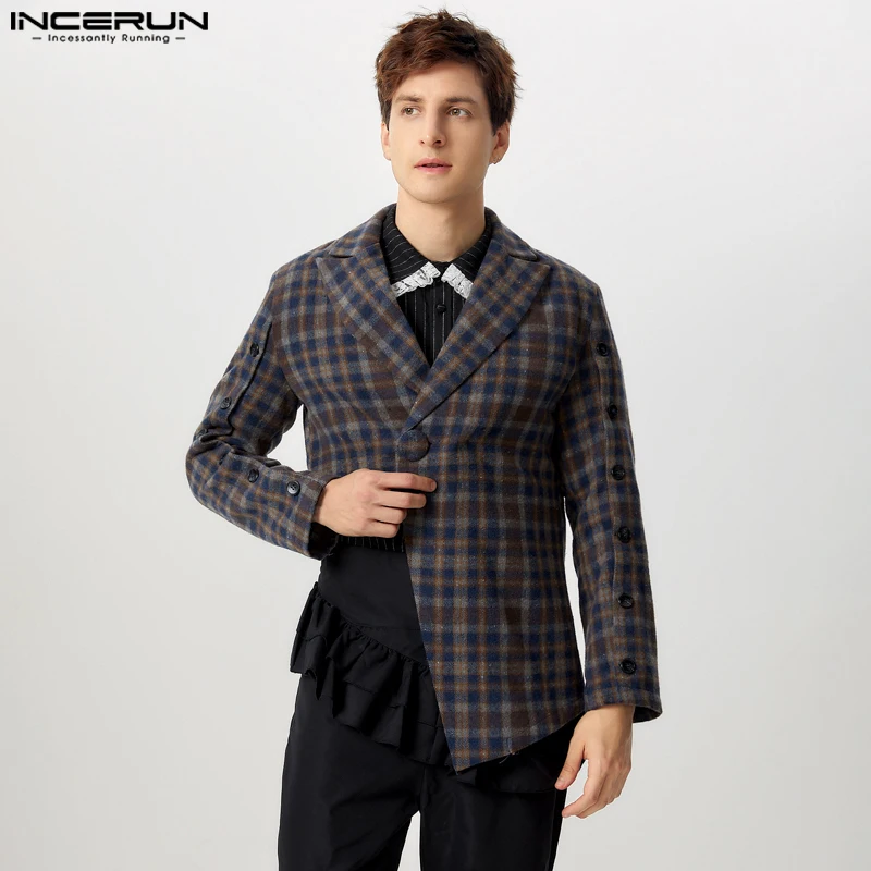 INCERUN Handsome Men's Tops 2024 Stylish Single Buckle Design Suit Coat Male Slit Irregular Hem Plaid Long Sleeved Blazer S-5XL