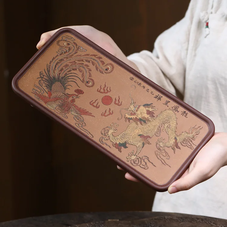 Dragon Phoenix Auspicious Pattern Clay Stand Dry Brewing Tray Teapot Mat Tea Accessories Yixing Purple Original Ore Jiangpo