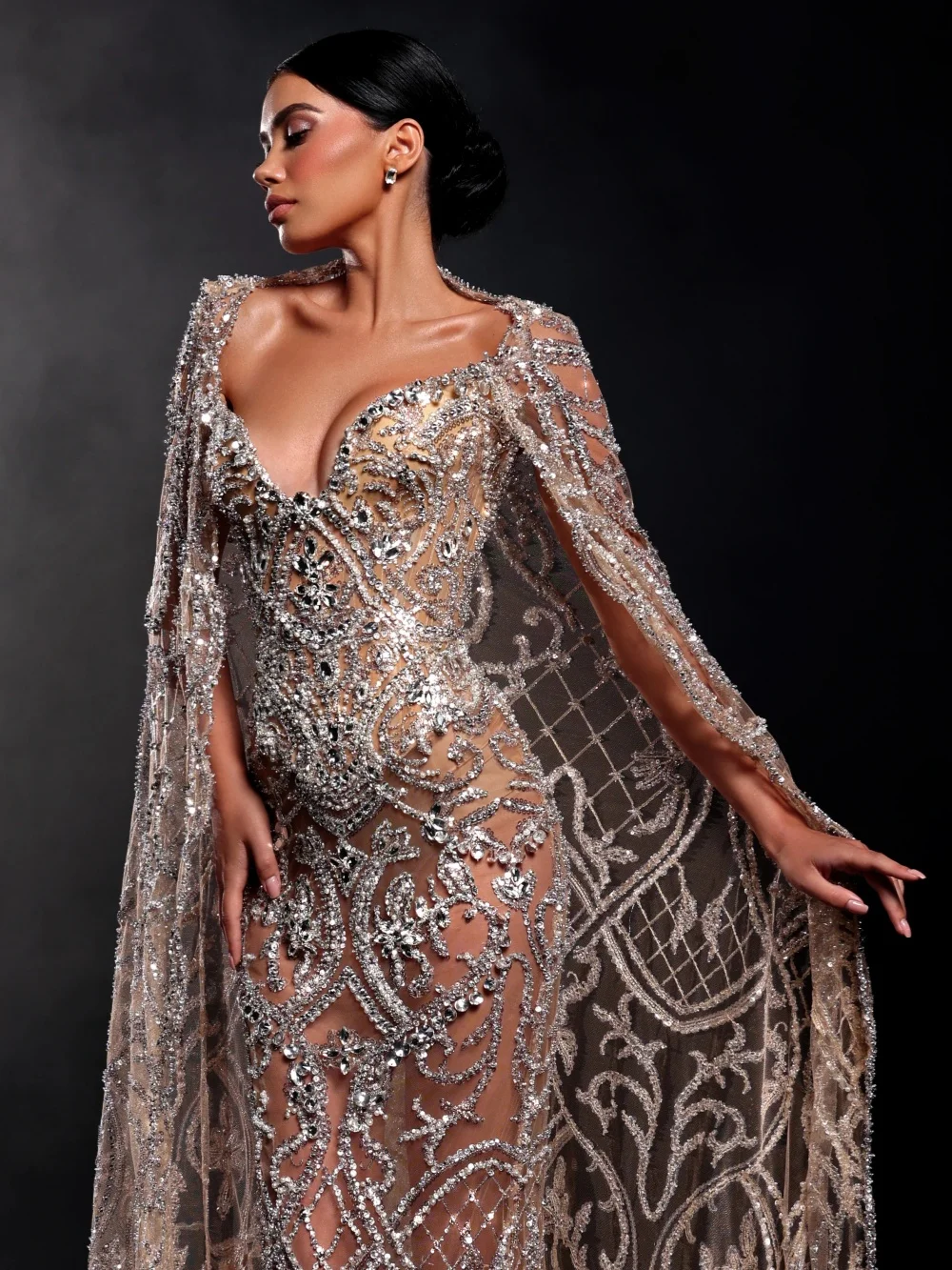 Illusion Silver Embroidery Wedding Dress With Cape Sparkling Crystal Straight Long Bridal Gown New Customized Dresses For Bride