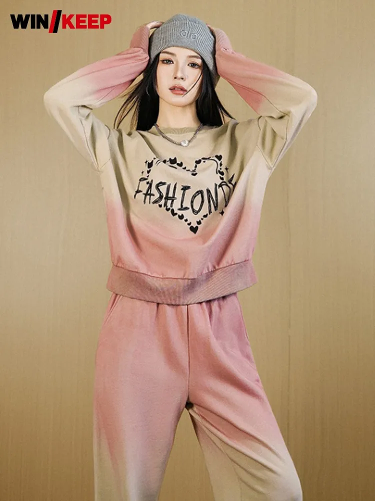 

Женский градиентный розовый комплект для бега с принтом, свободный крой, толстовка с круглым вырезом, широкие спортивные штаны, комплект из двух предметов, женский спортивный костюм для бега