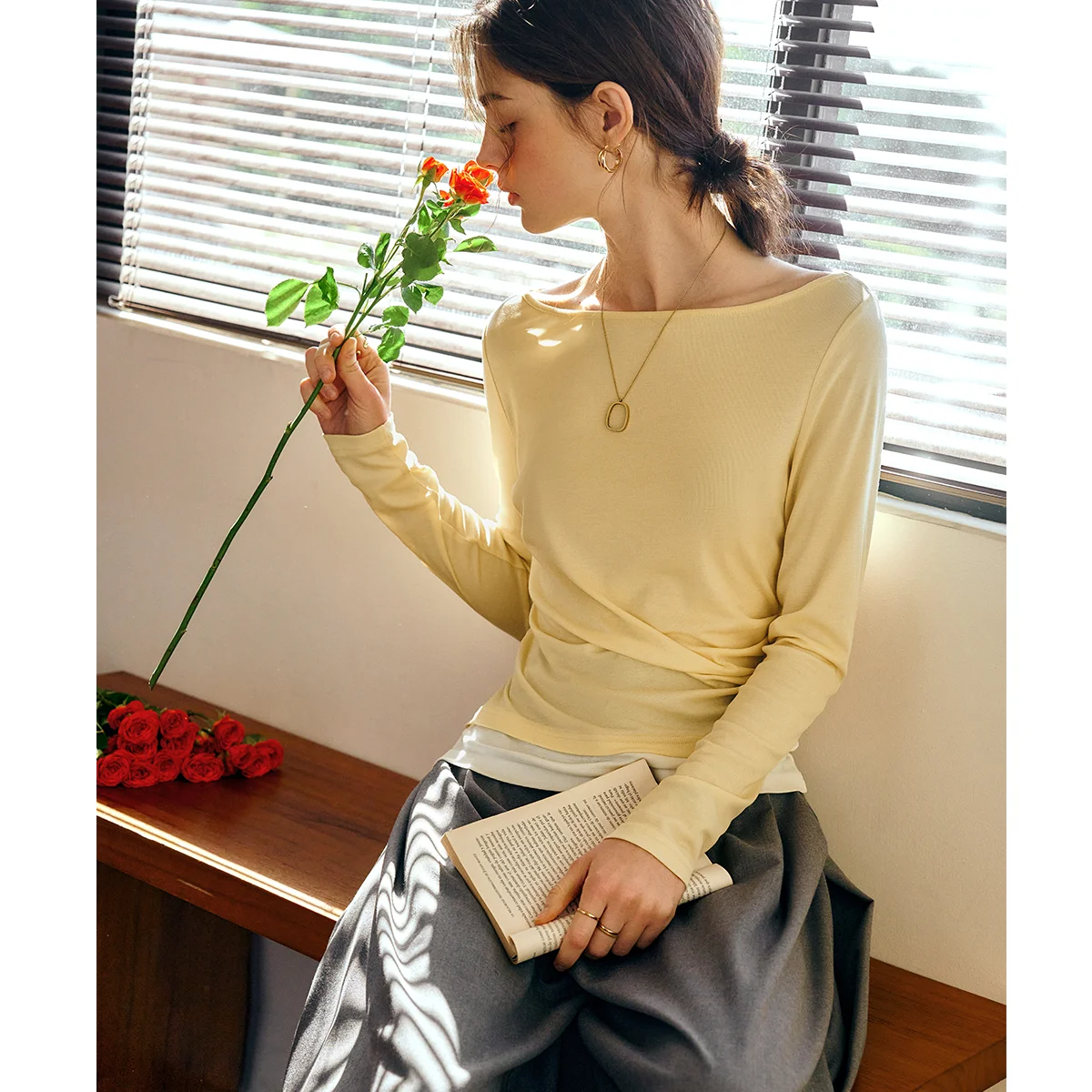 

OLrain Casual French T-shirt Women's Autumn 2025 New Slash Collar Fake Two-piece Tees Long Sleeve Gentle Wind Tops N57CT96369