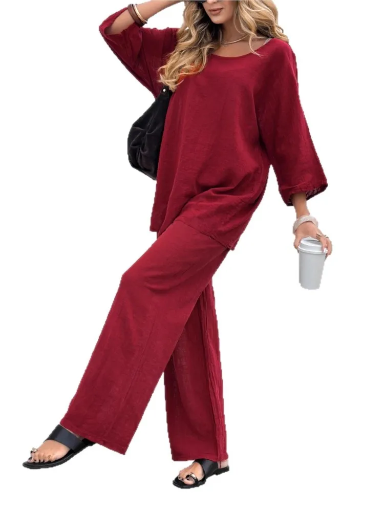 여성 캐주얼 면과 린넨 수트 패션 O넥 긴팔 상의 타이업 루즈 팬츠 투피스 세트 여성 단색 의상