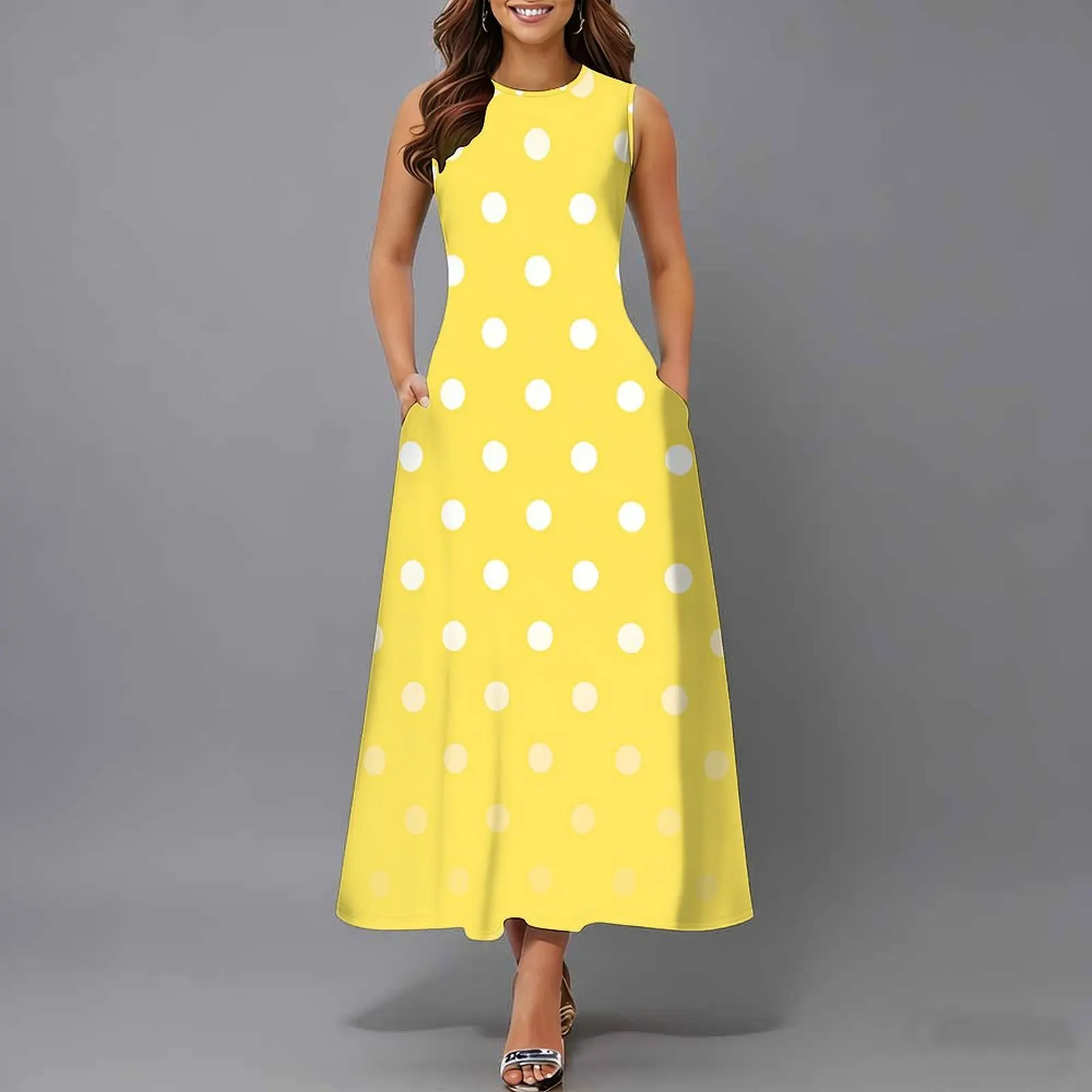 Women Sleeveless Long Maxi Dress With Pockets 3D Oil Painting Print Casual Loose Summer Vacation Party Sundress