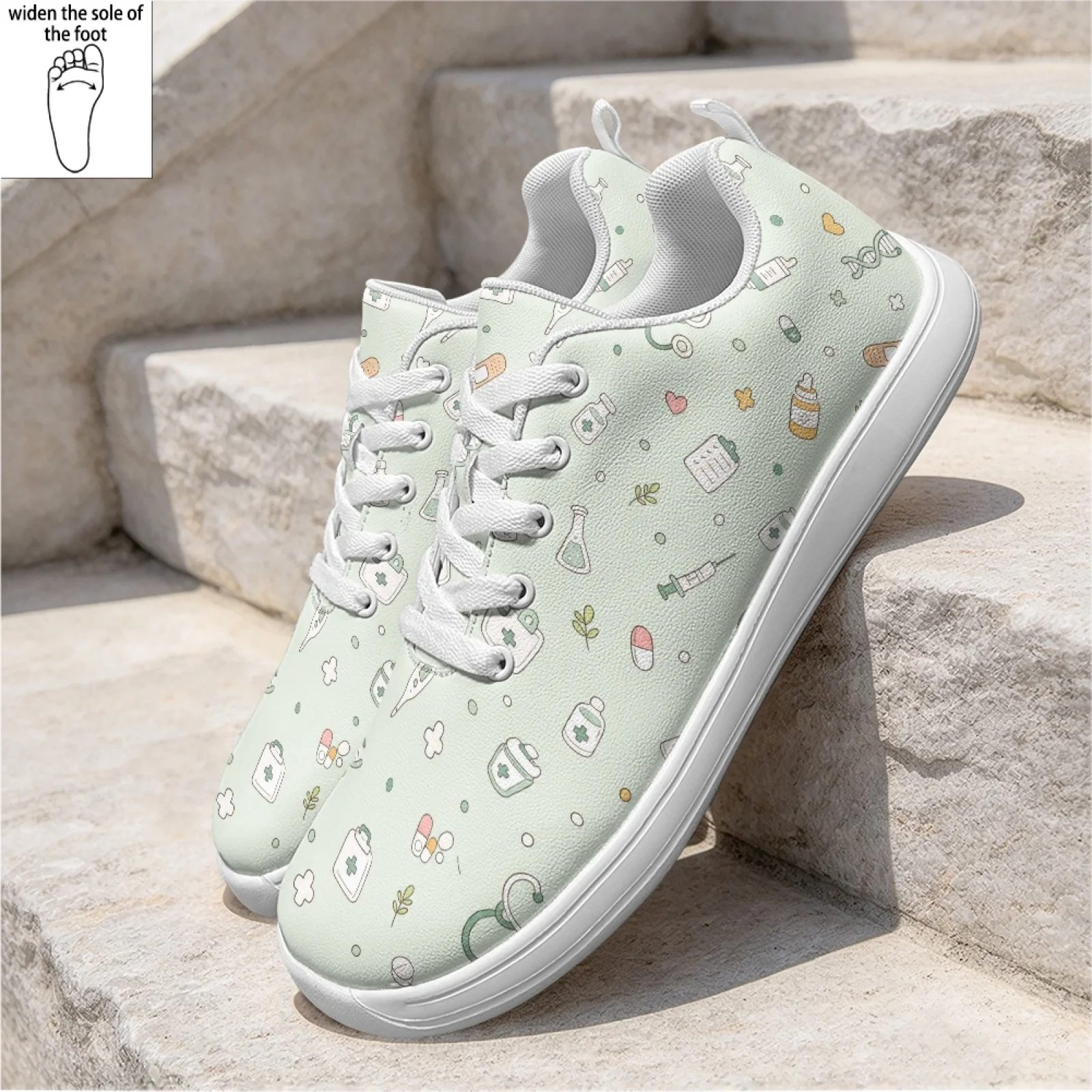 PENSTROLL Medical Element Print Anti-Skid Nurse Shoes for Women Standing PU Service Industry Shoes Walking Driving Shoes
