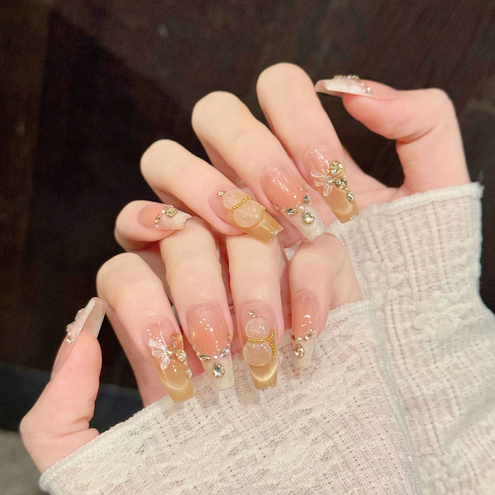 10pcs Elegant Chinese Style Handmade Press On Nails Pink Gradient Rhinestones Decor Wearable Flash Cat's Eye French False Nails