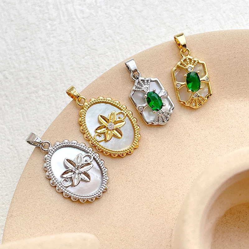 1 Piece  Paste Natural Fritillaria Inlaid with Zircon Pendant  DIY Makes Jewelry Charm Brass Plated Genuine Gold Accessories