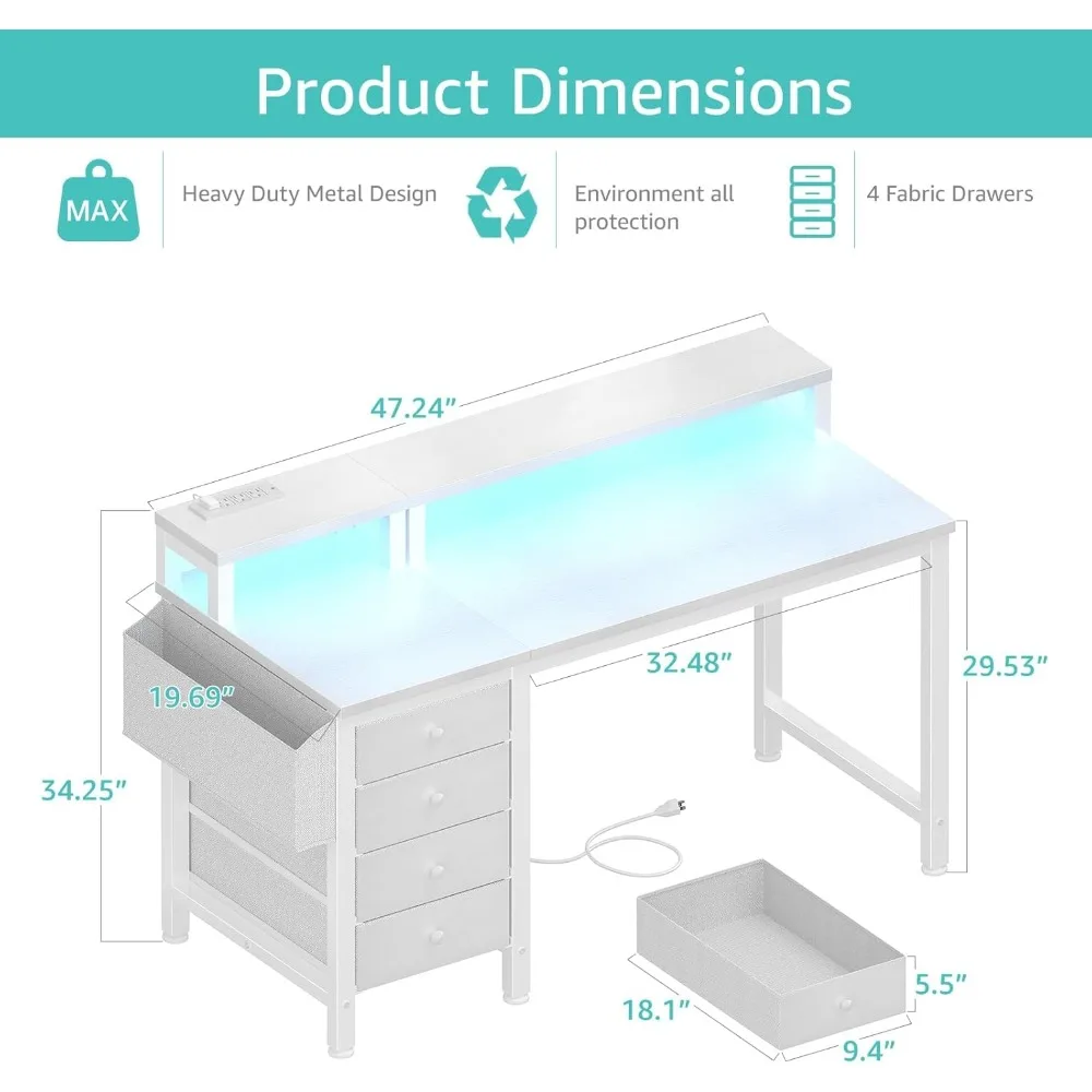 47 inch gaming desk with monitor stand, computer gaming desk with LED light power socket and storage bag fabric drawer, white