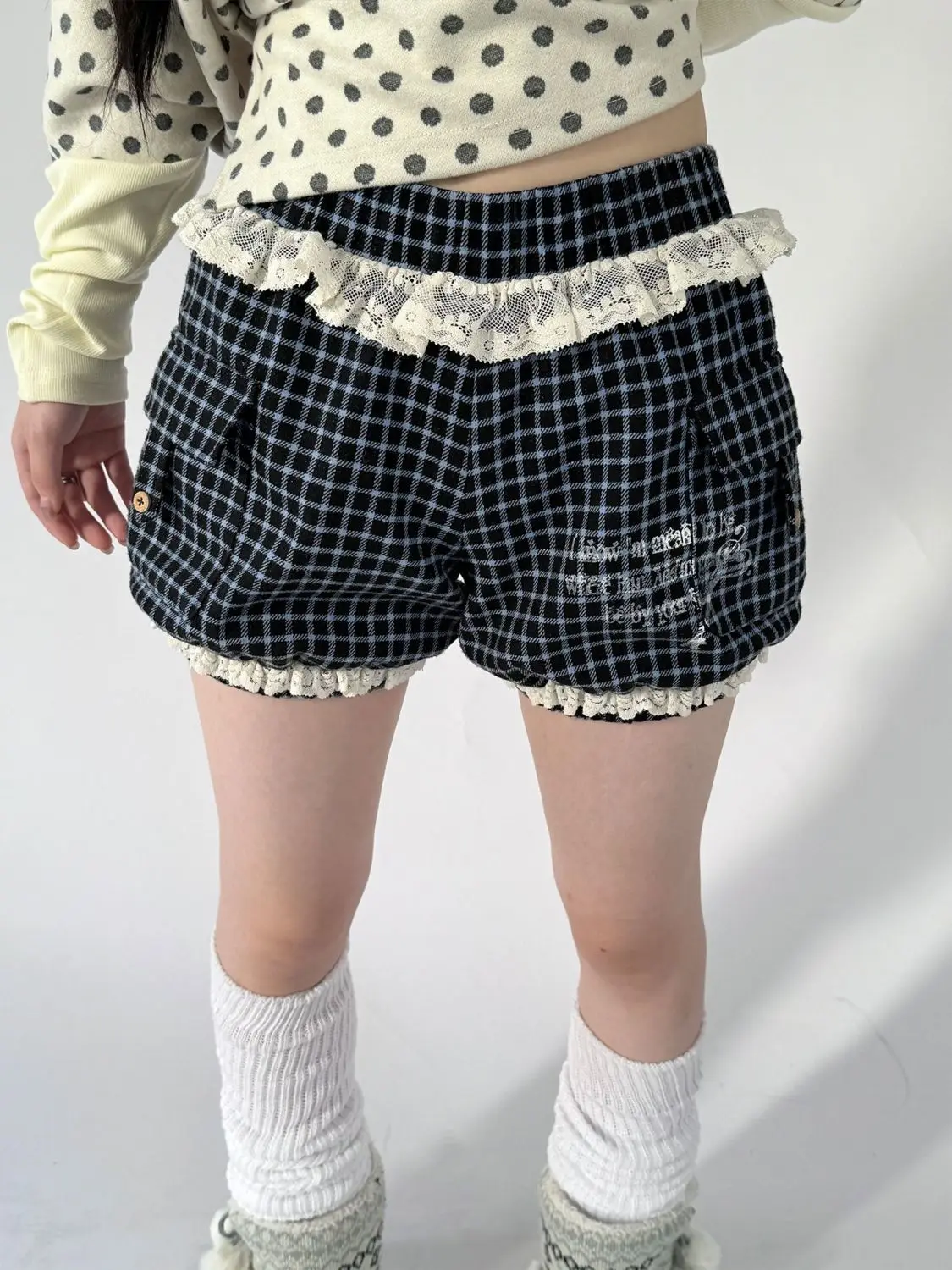 Girls High Waist Pumpkin Pants Lace Print Pocket Checked Shorts Tights