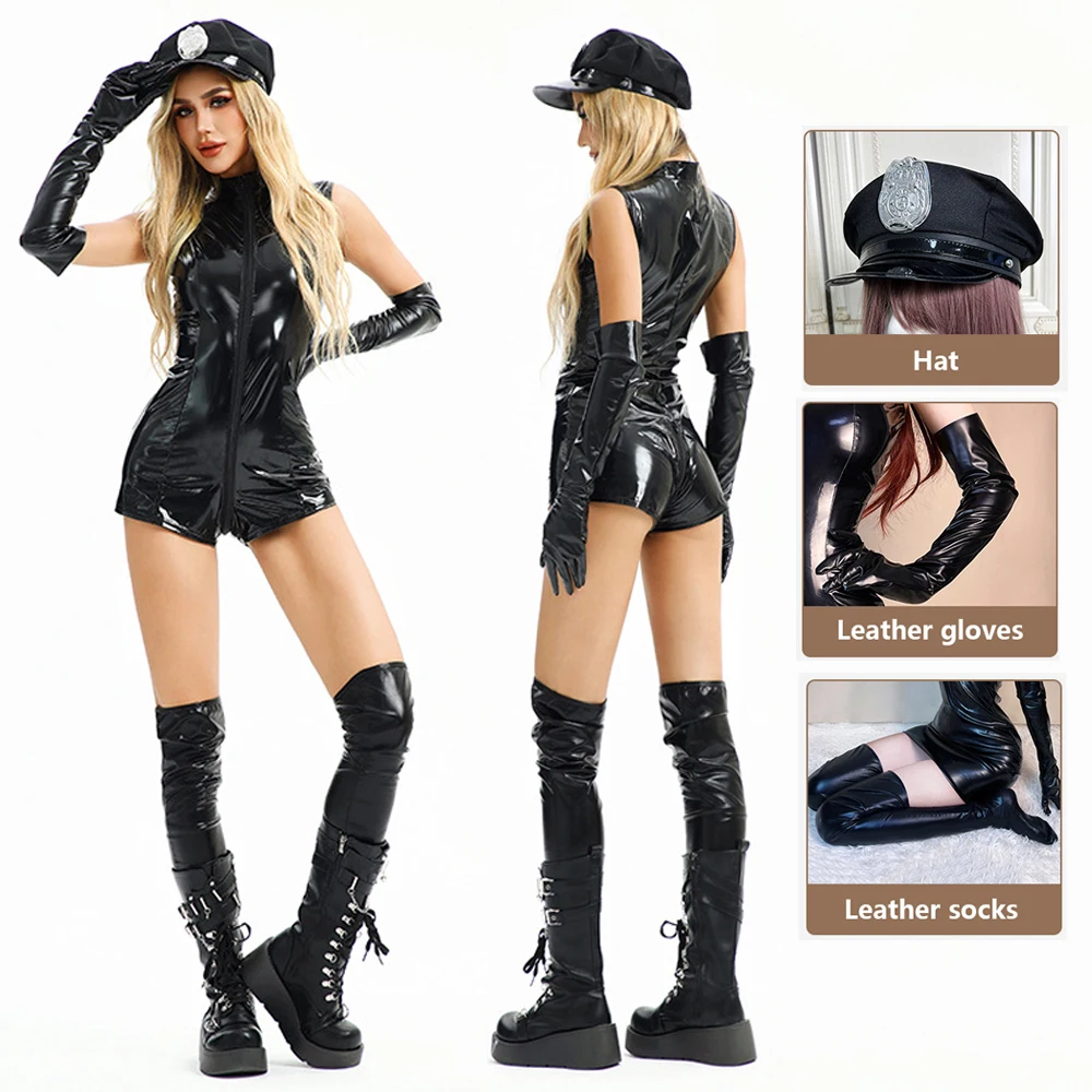 

Женское кожаное платье, сексуальное полицейское блестящее латексное мини-юбка из ПВХ, перчатки, чулки для танцев на пилоне, плиссированное латексное платье для женщины-полицейского больших размеров