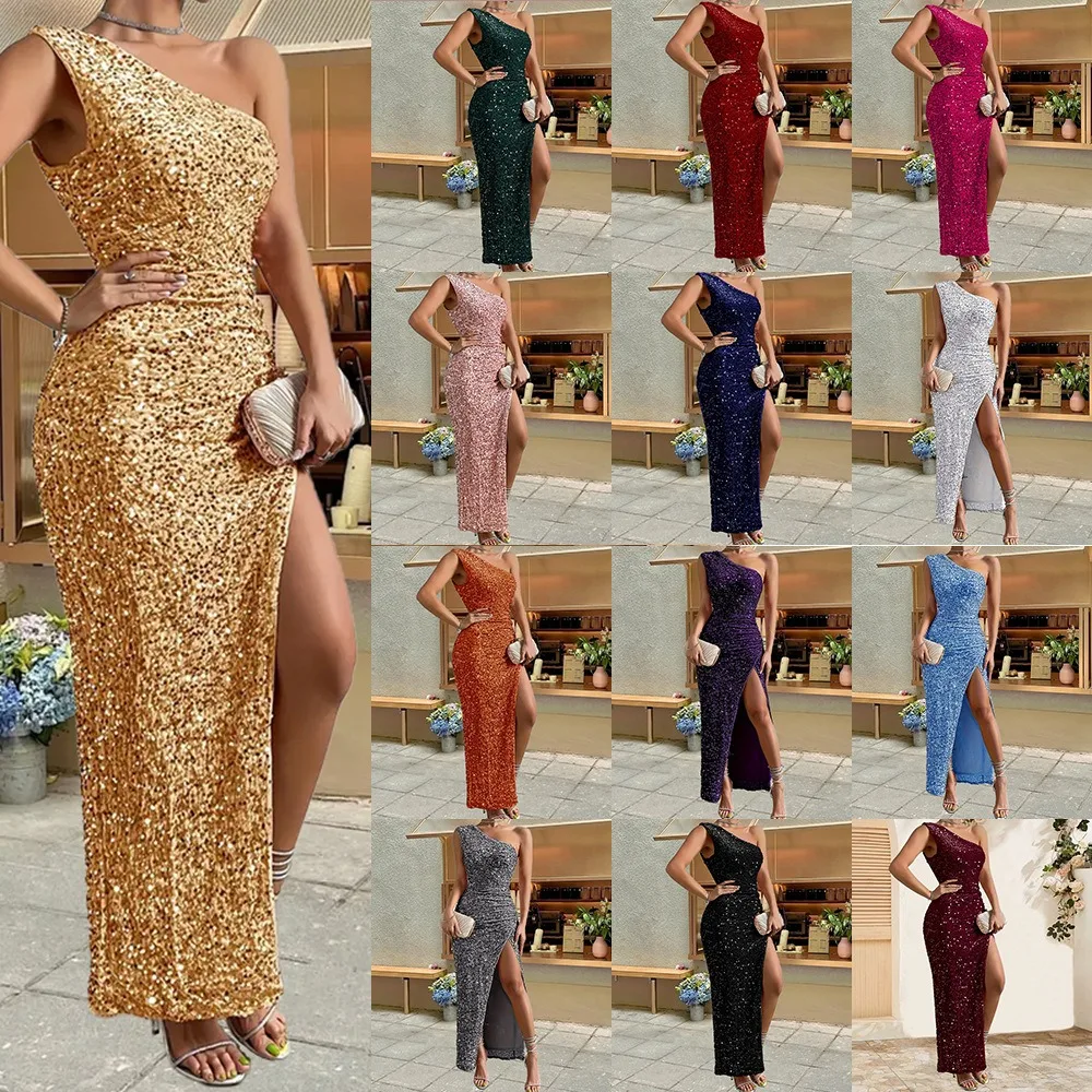 

Sexy Nightclub Party Club Banquet Sequined One-Shoulder Sleeveless Slit Dress