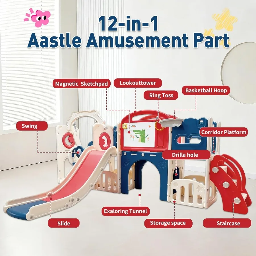 مجموعة لعب للأطفال الصغار في الهواء الطلق مع أرجوحة لمدة 1-3 سنوات مجموعة أرجوحة ملعب داخلية ومنزلق مع نفق متسلق وطوق كرة السلة