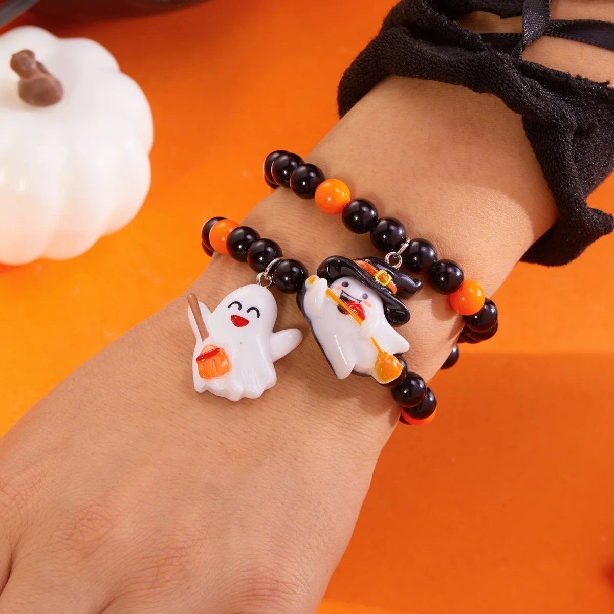 Doppelschicht Halloween Armband Harz Kürbis Katze Hexe Hut Geist Charme Schwarz Orange Perlen Armreif Boho Schmuck Für Frauen Männer Geschenk