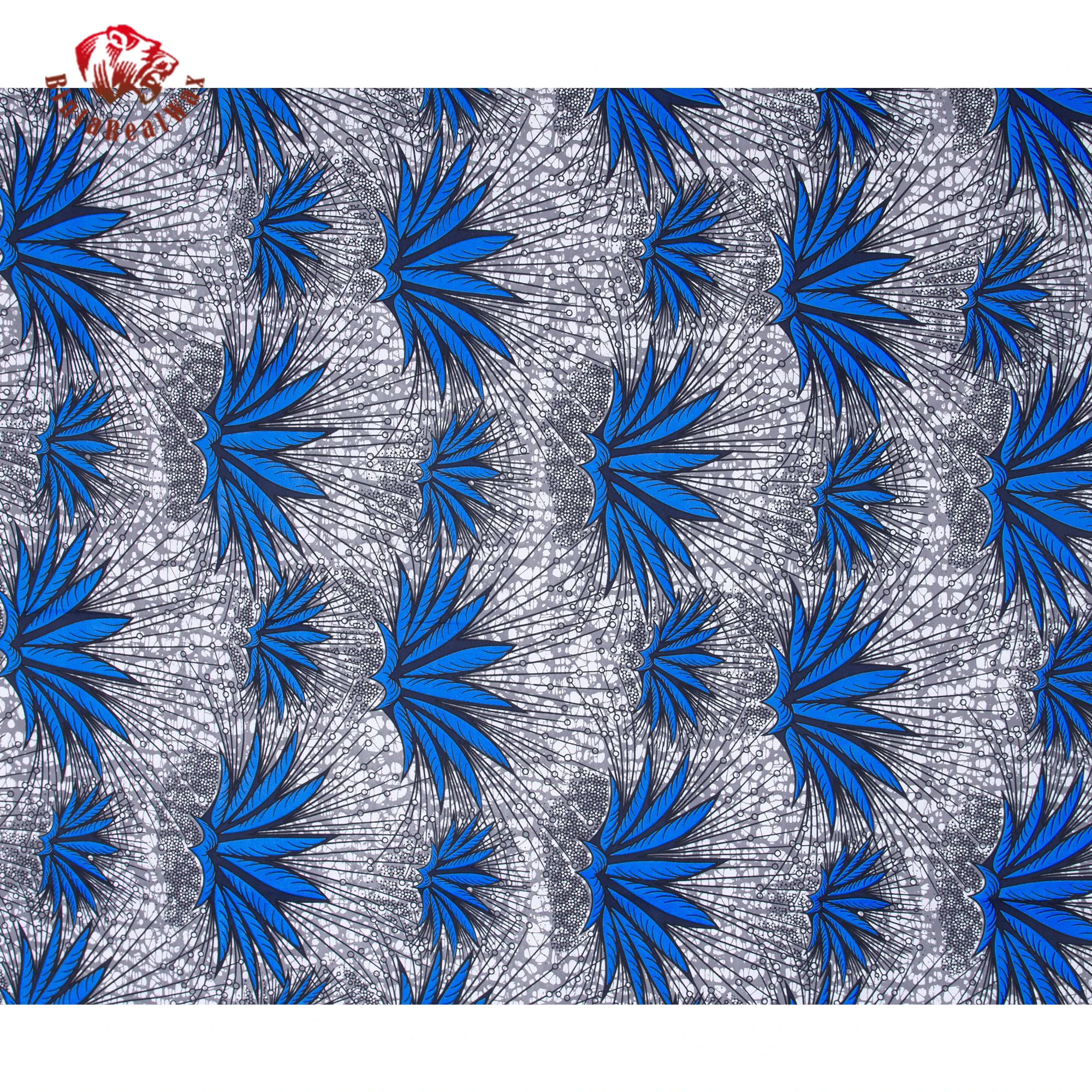 African Ankara Wax Print Fabric – Blue Floral Pattern with Gray Background,  for Dress, Skirt, Headwrap & DIY Sewing FP6704 view 2