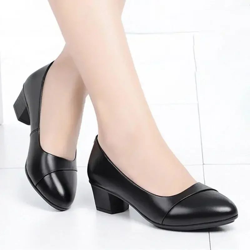 Spring Black Basic Square Heeled Loafers Female Zapatos Women Mid Heel Single Shoes Office Lady Pumps PU Leathern Work Shoes