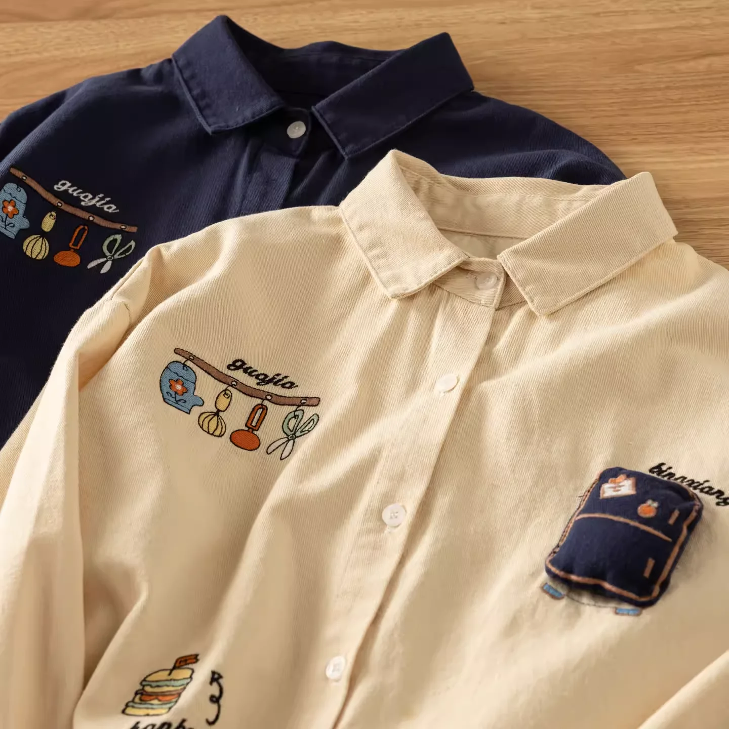 

Japanese Vintage Clothing 100% Cotton Navy Blue Khaki Cartoon Embroidered Shirts Long Sleeve Blouses for Women Winter Shirts