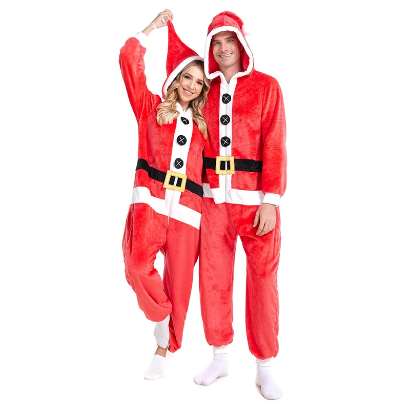 Women s Christmas Uniform Santa Claus Flannel Long Sleeve Hooded Belt Printed Zipper Full-Length Jumpsuit