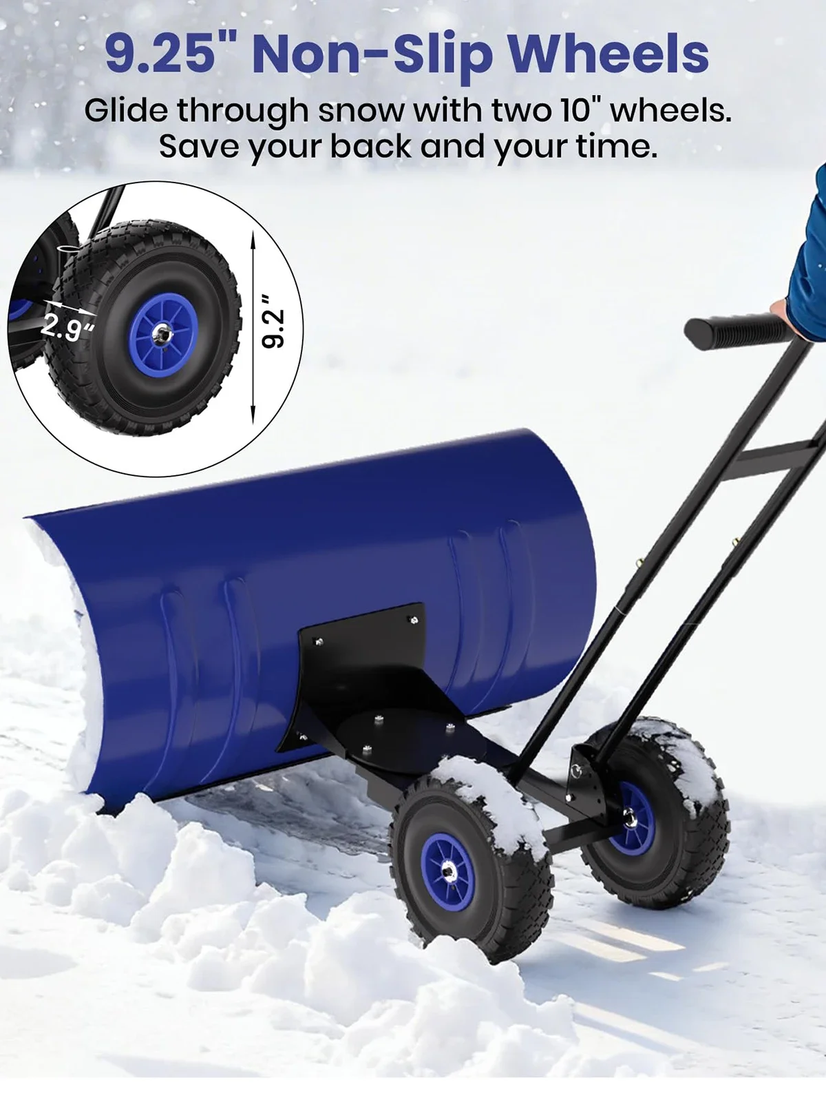 Snow Shovel w/Wheels Multi-Angle Blade & Adjustable Handle, Driveway Snow Plow for Snow Removal on Driveways, Sidewalk Yards