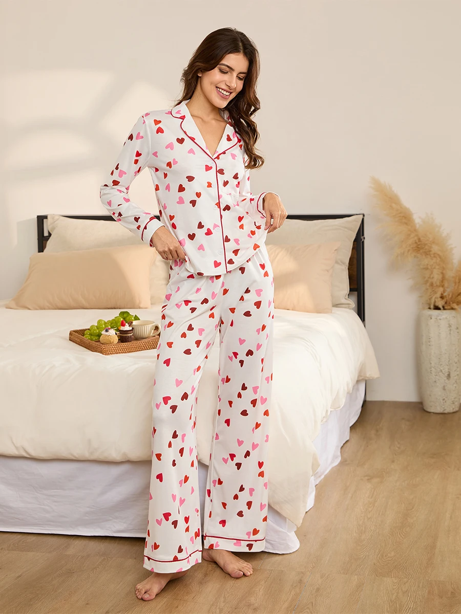 Women s Heart Print Loungewear Set Long Sleeve Lapel Button Down Tops Long Pants Fall Sleepwear