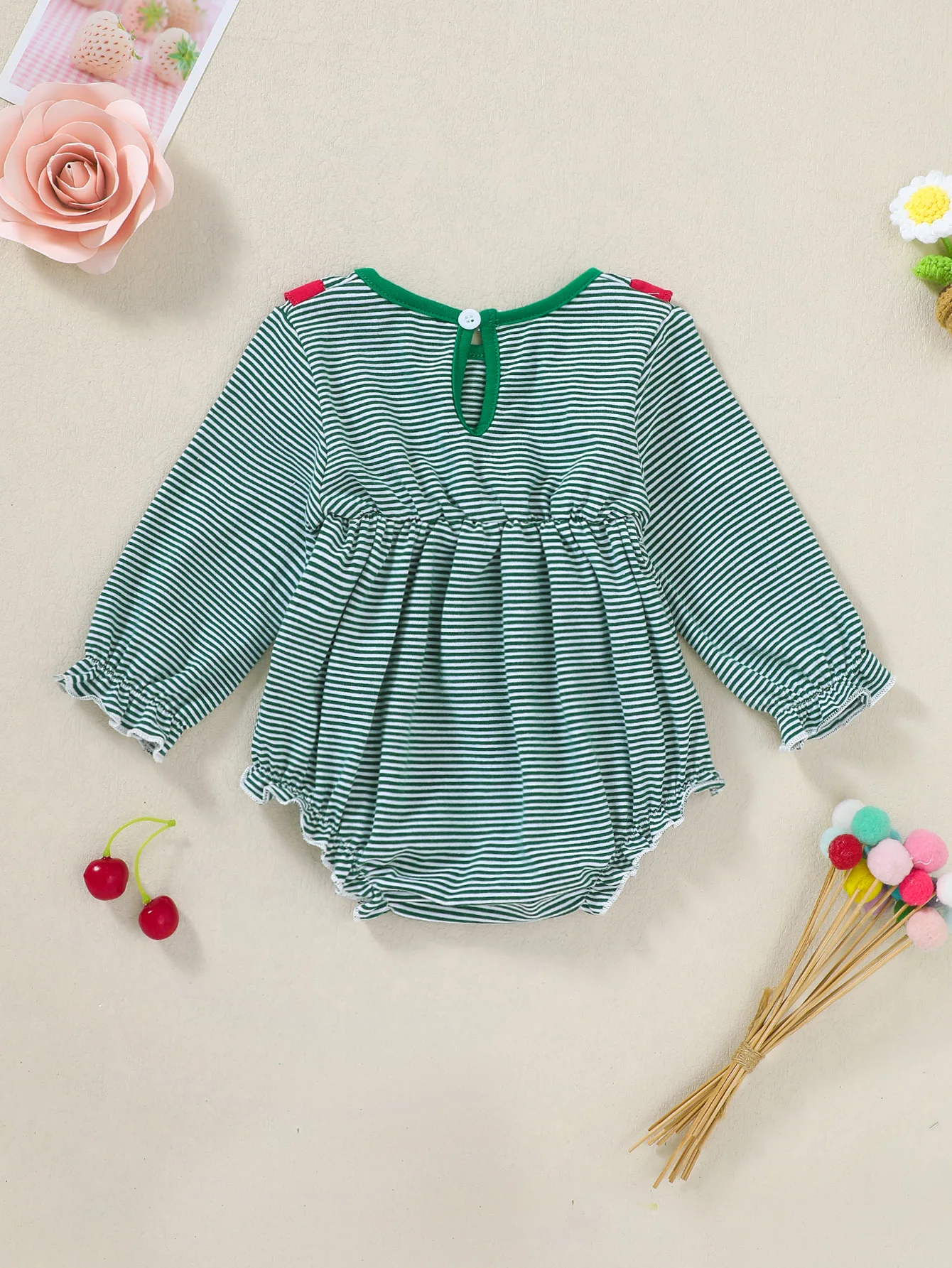 Baby Girl Spring Autumn Green Stripes Red Long Sleeve Romper Triangle Design Infant Clothing