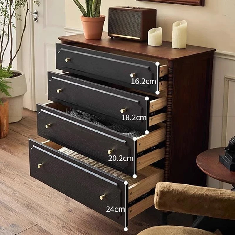 Cassettiera in legno massello in stile retrò francese, armadietto per soggiorno contro il muro, lato pranzo nero in legno di frassino medievale c