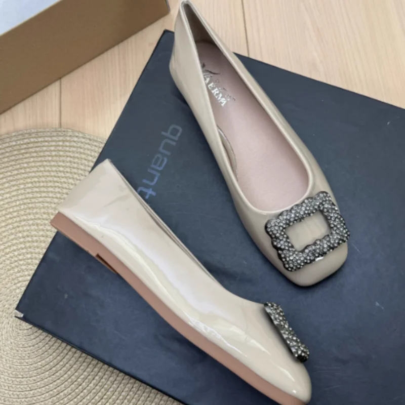 Women Artificial Leathers Flats Square Toe Black Crystal Buckle Slip-On Orange Green White Daily Comfortable Shoes Wide Fits 48