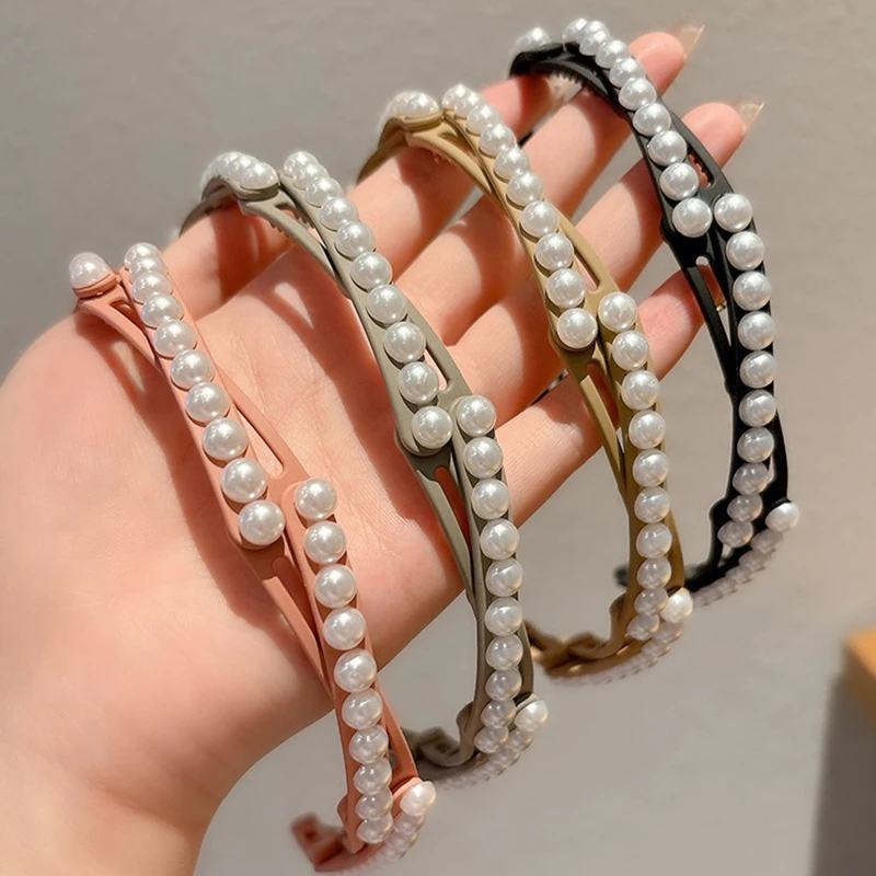 New Foldable and Extendable Pearl Headband Women Travel Portable Storage Face Wash Makeup Non-slip Hair Hoop Hair Accessories