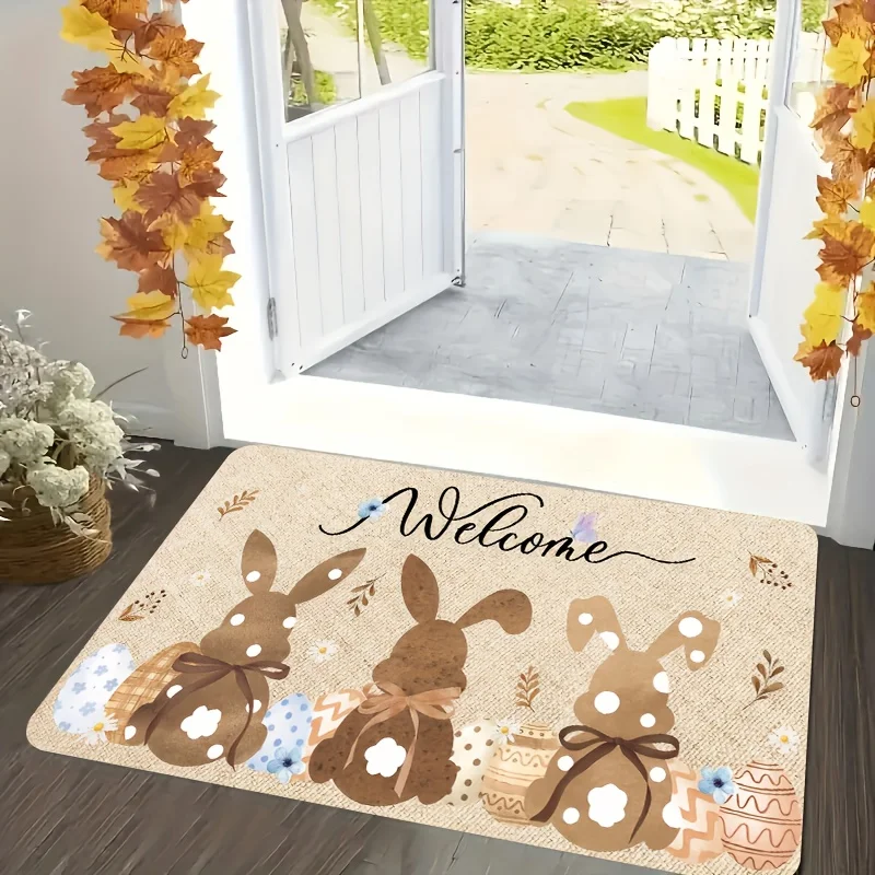 

VIKAMA Easter Holiday Rug Non-slip Absorbent Rabbit Egg Print Mat for Living Room Bedroom