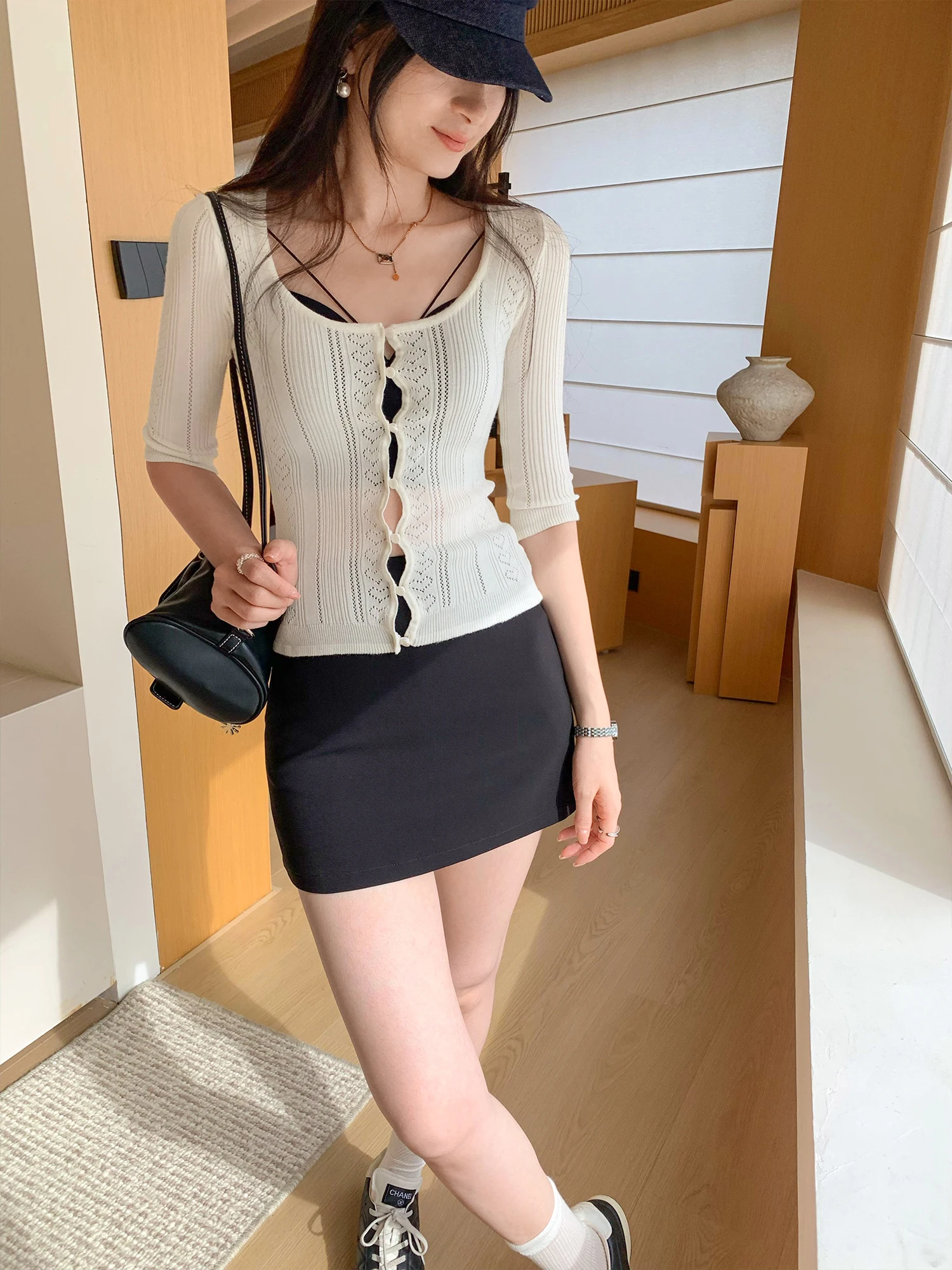 Women's Summer Elegant Single Breasted Three Quarter Sleeve Cardigan Lady Solid Color Slim Thin Cardigan