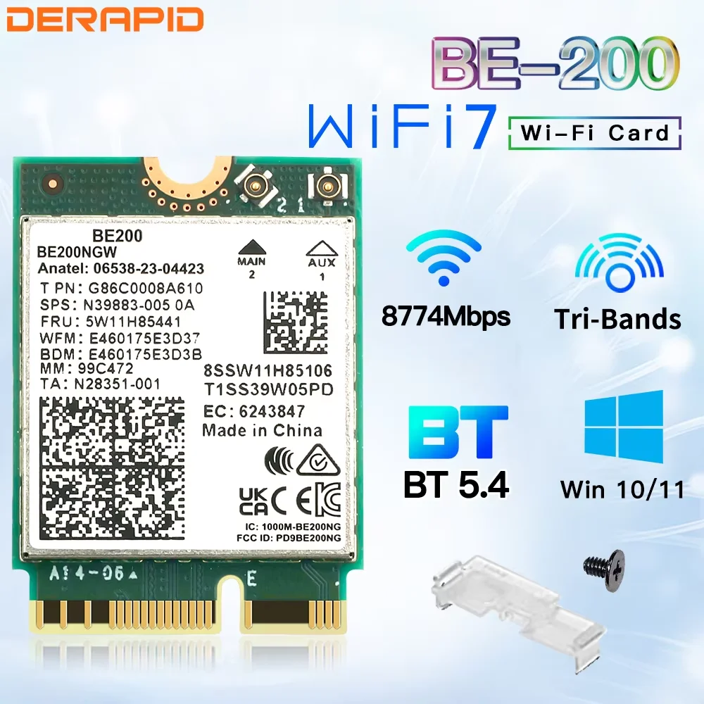 Tri-Band WiFi7 BE200NGW Adapter Bluetooth 5.4 M.2 Wireless Dongle for PC/Laptop Compatible with Win10/11 Outperforms AX210/AX200