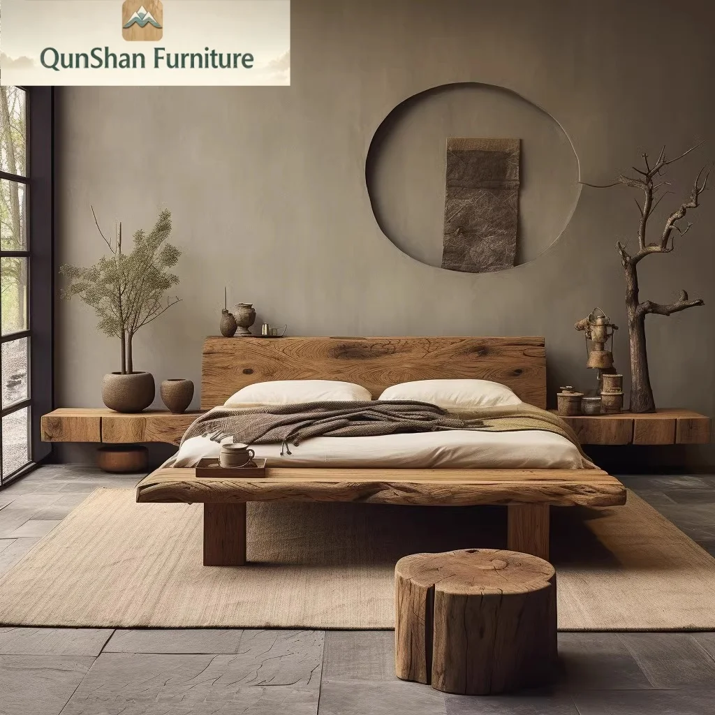 #Art Original Wood Pure Solid Wood Customizable Silent Wind Bed Double Bed Frame Mortise