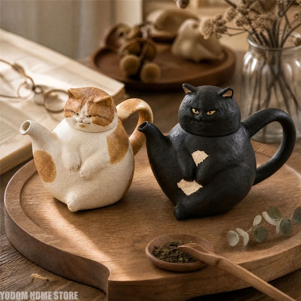 Cute Handmade Funny Cat Pottery Teapot with 2 Cups for Tea Kettle Tea Pot Set Chinese Japanese-style