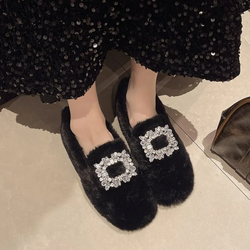 Women's Fashion Square Head Rhinestone Shallow Mouth Hairy Single Shoes Winter 2026 Soft Warm Coomfortable Versatile Plush Flats