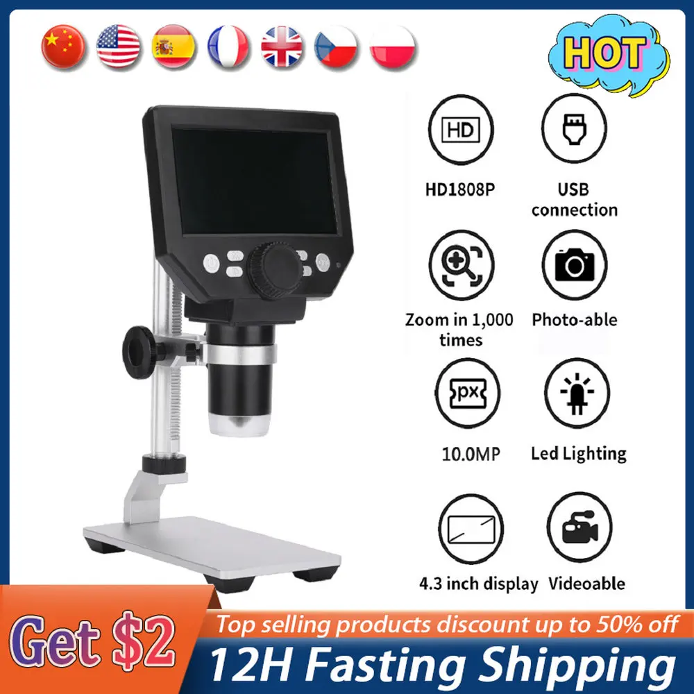 G1200 G1600 Digital Electronic Microscope 1-1600X Amplification Magnifier Microscopes Digital Microscopio Trinocular Continuous