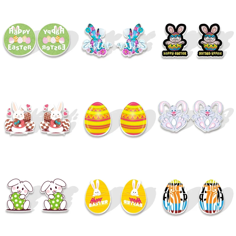 2021 Happy Bunny Easter Egg Acrylic Print Earring Resin Stud Earrings for Kids Charm Gift Earring