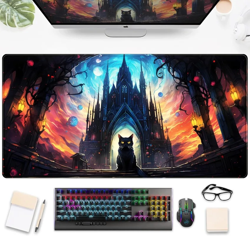 Kawai Magic Castle Cat Deck Mouse Pad\Large Expanded Cute Anime Cat Game mat, Computer Keyboard and Mouse Pad,  anime mousepad