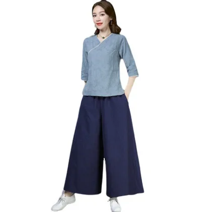 Tuta da Yoga in cotone e lino donna autunno stile cinese Tea Art Suit pantaloni a gamba larga stile Han Set a due pezzi