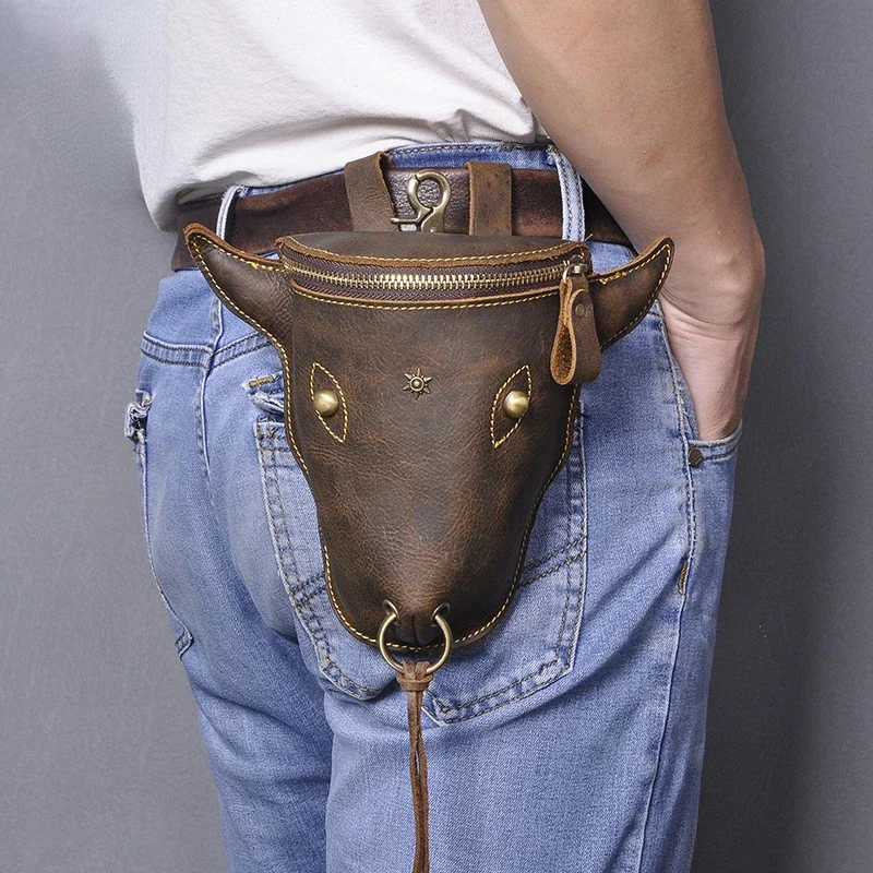 Personality Top Layer Crazy Horse Skin Men's Bag Retro Trendy Bull Head Large Capacity Waist Bag Men's Leg Bag