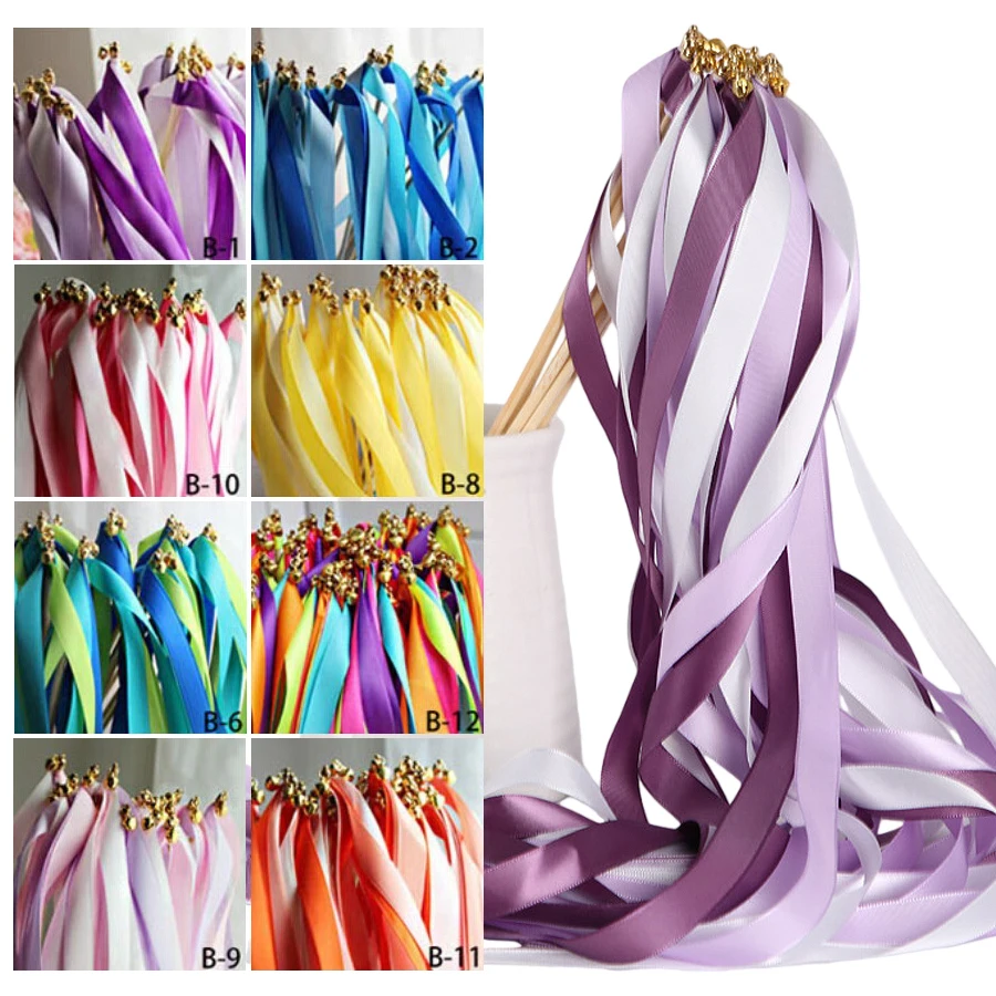 10Pcs/Set Twirling Wands Ribbon Wedding Party Favor Sticks with Bell Bride Groom