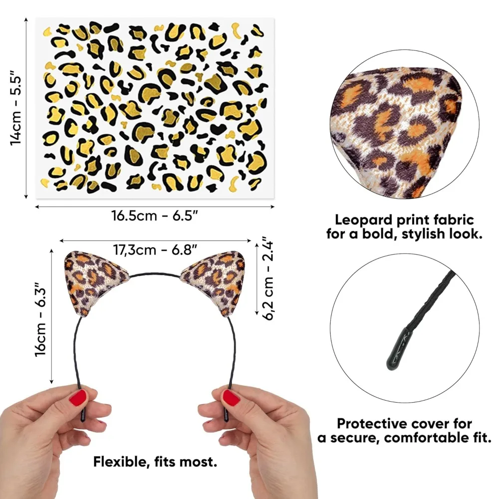 Funcredible Leopard Ears Headband with Tattoos - Cheetah Ear Headbands and Temporary Halloween Headband for Adults and Kids