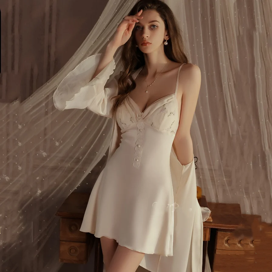 Women\'s Silk Robe Robe Set Lace Bathrobe Nightgown Summer Pajamas Wedding Evening Gown Robe with Waistband