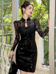 Fashion Birthday Party Black Dress Women Sheer Lace Bright Sequins Hollow Bodyocn Gown Lady Party Night Club Vestidos