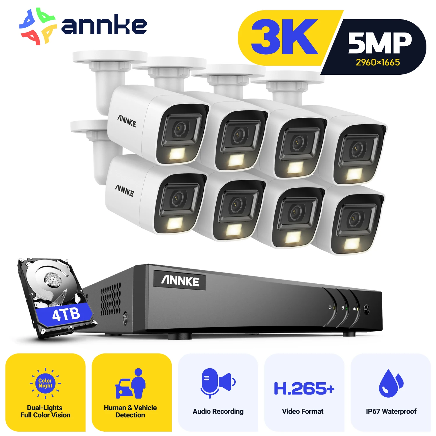 ANNKE 5MP Video Surveillance Kit 8CH Lite H.265+ DVR Recorder Security Camera CCTV System Motion Detection IP67 Remote Monitor