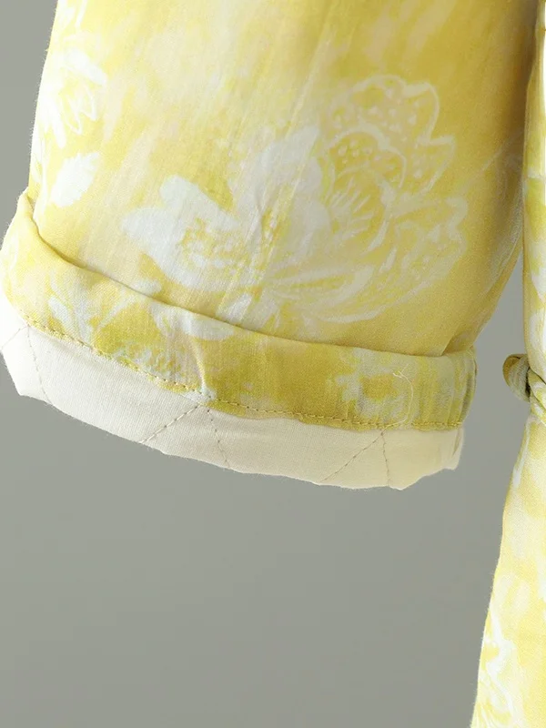 เสื้อโค้ทผ้าไหมผสมฝ้ายสไตล์จีนใหม่สำหรับผู้หญิง  แบบติดกระดุมด้านข้าง คอตั้ง ลายพิมพ์  สำหรับฤดูหนาว