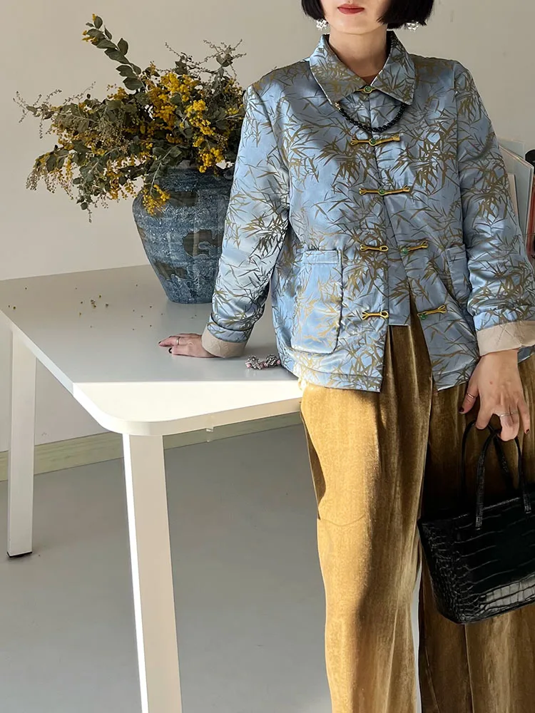 

Свободная повседневная хлопковая куртка с атласным бамбуковым узором и вышивкой, женская теплая новогодняя верхняя одежда, длинный рукав, воротник, на одной пуговице