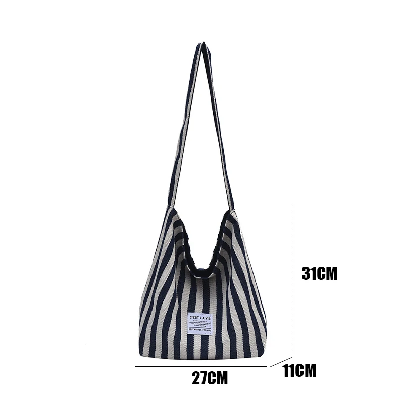 Korean Simple Striped Canvas Tote Bag Casual Large Capacity Double-sided Shoulder Bag image 5