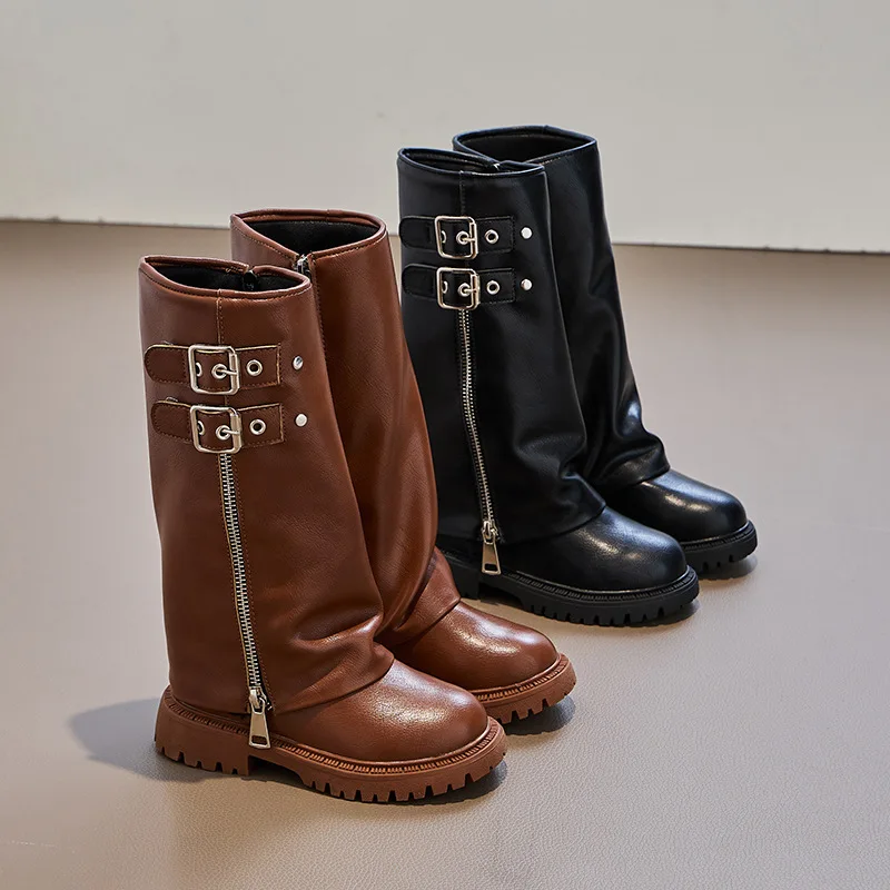 

Girls' Knee High Boots 2025 Autumn and Winter New Fashion Trend Cool Belt Buckle Retro Pleated Zipper Boots Size 27-37
