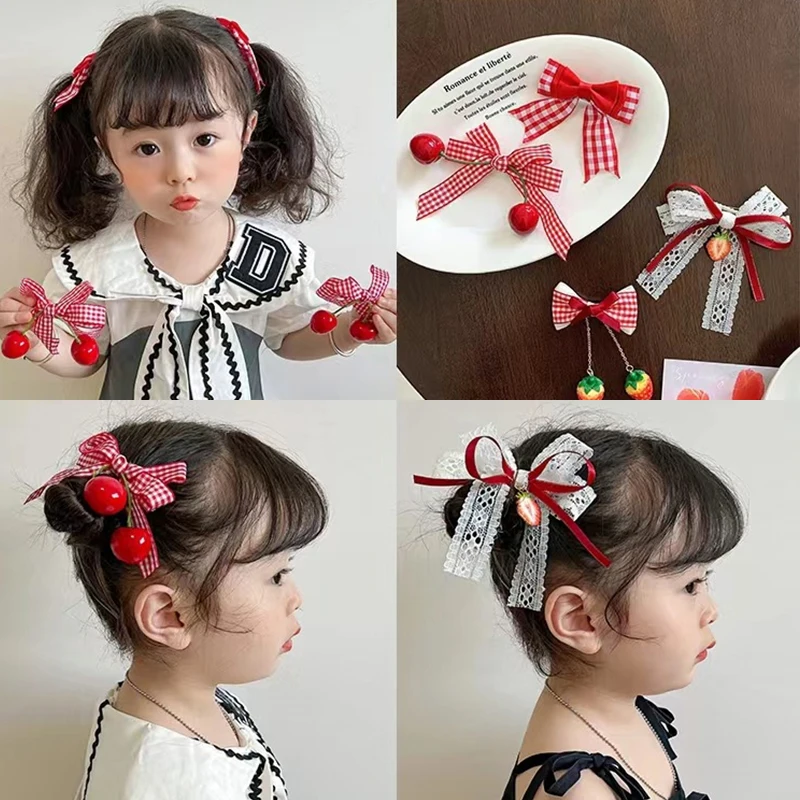 Red Cherry Cloth Bow Girls Hair Clip Plaid Lace Bow Ribbon Strawberry Cherry Hairpin Kawaii Side Bangs Clip Barrettes Headwear