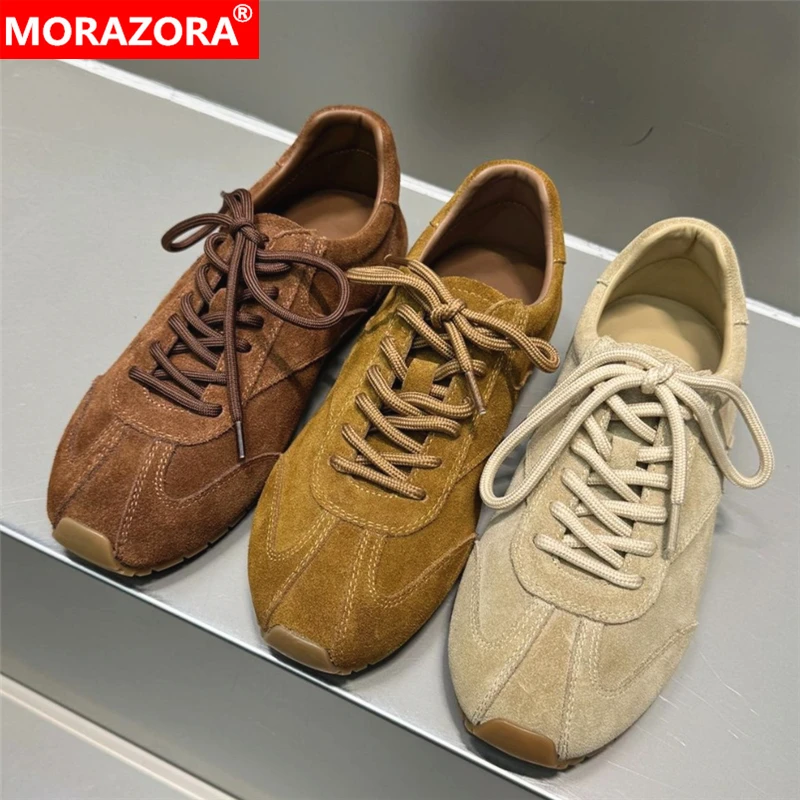 

MORAZORA INS HOT Cow Suede Leather Women Sneakers Lace Up Solid Color Flat Sneakers Retro Spring Autumn Casual Shoes Footwear